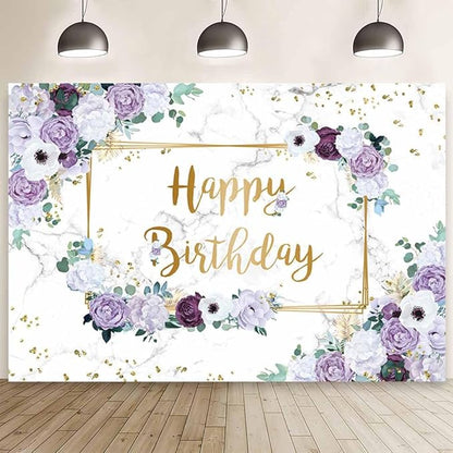 MEHOFOND 10x7ft Happy Birthday Backdrop Purple and White Flowers Bday Photography Background Girls Geometric Gold Glitter Dots Birthday Floral Party Decorations Cake Smash Decor Studio Photo Props