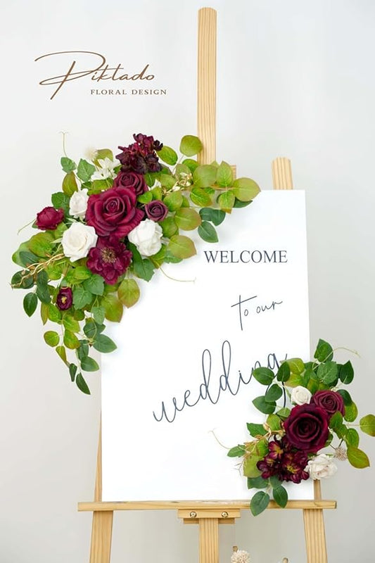 Wedding Decor (Pack of 2) Welcome Sign Flower Backdrop Garland for Ceremony Reception Wall Easel Home Decoration Entryway Faux Outdoor Board Head Table Decor (Burgundy & White)