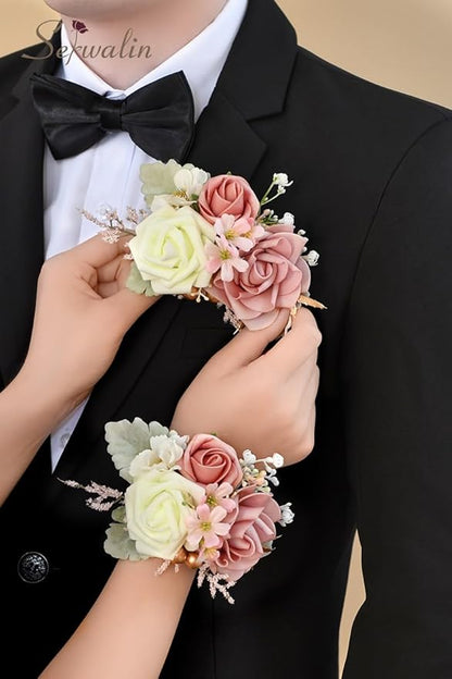 Serwalin Pink Corsage and Boutonniere Set 2 PCS, 6-7 Inch Boutonniere and Wrist Corsage Wristband Prom Flower Wedding Flowers Accessories Prom Suit Decorations Cake Topper