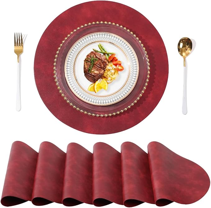 UnivoColors PU Leather Placemats Set of 6,15" Round Washed Cowhide Pattern Table Mats for Dining Table, Kitchen, Party Decoration(Retro Red)