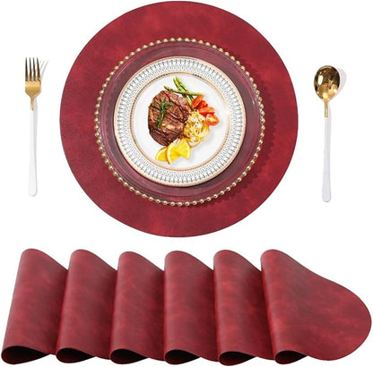 UnivoColors PU Leather Placemats Set of 6,15" Round Washed Cowhide Pattern Table Mats for Dining Table, Kitchen, Party Decoration(Retro Red)