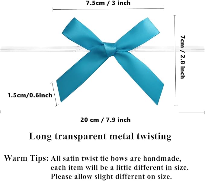 50 Pack 3" Satin Twist Tie Bows, Twist Bows for Treats, Ribbon Bows with Twist Ties Gift Wrap Bows, Pretied Bows for Cake Pops, Baby Shower, Sweets Packaging, Party Favors, Gifts(Turquoise)