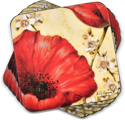 Pimpernel Red Poppy Blossoms Coasters, Set of 4 (4" x 4") – Cork-Backed Board with Bright Floral Artwork, Heat & Stain Resistant Drink Mats for Dining, Coffee Tables & Home Decoration