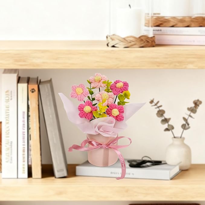 Crochet Flowers Bouquet, Handmade Knitted Pink Daisy Flowers Bouquet for Mother's Day, Christmas, Wedding, Office, Desk, Dashboard, Home Décor, Birthday Gift for Mom Women (Pink-Daisy)