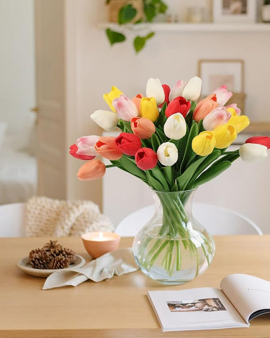 MACTING 30PCS Artificial Tulip Flowers 13.7" Real Touch Fake PU Tulips Bouquet Faux Flowers for Floral Arrangements Table Centerpiece Kitchen Indoor Outdoor Summer Decor (Multi Colors-1)