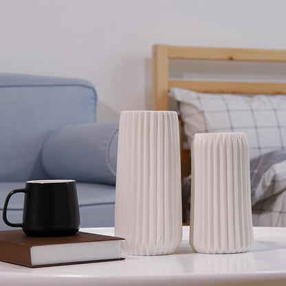 Large White Ceramic Vase, 9.8'' H Modern Vase for Flower, Origami Stripe Frosted Matte Surface, White Vases for Decor Wedding Decor (Large 9.8"*4.9" (H x D))