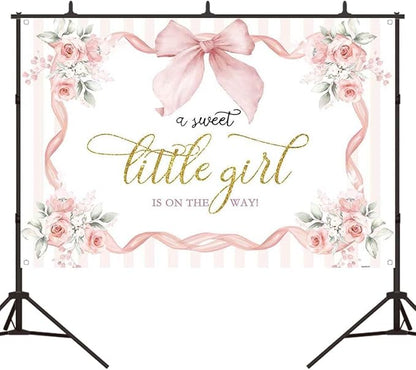 Pink Floral Baby Shower Backdrop Bow Flowers A Sweet Little Girl is on The Way Photography Background Princess Bowknot Girl Gender Reveal Party It’s a Banner with Copper Grommets