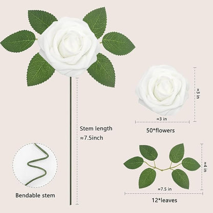Artificial Flowers 50PCS White Roses Real Looking Foam Fake Roses with Leaves and for DIY Wedding Bouquets Bridal Shower Centerpieces Party Decorations (White)