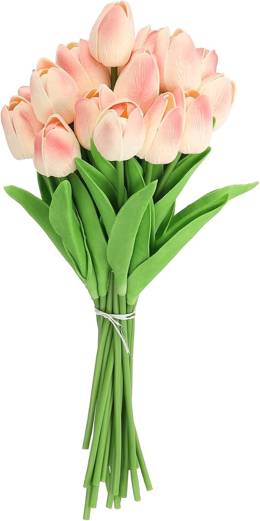 uxcell 20pcs Tulips Artificial Flowers, Faux Flowers Silk Fake Tulip Stems Real Touch for Wedding Bouquet Centerpiece Table Party Decoration(Peach Pink)
