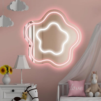 Flower Mirror Neon Sign Dimmable USB LED Neon Lights for Ideal Home Decor for Bedroom, Kidsroom, Living Room Parties, Christmas Birthdays Gifts for Girls Women, Boho Mirror Wall Sign Art Gift