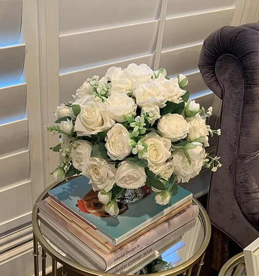 Artificial Peonies Silk Flowers, White Faux Peony Bouquet 2 Bundles Florals Arrangements Decor for Farmhouse Home Boho Wedding Table Centerpiece, Fake Plastic Flowers Bulk for Vase Decoration (White)
