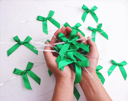 50 Pack Green Pretied Bows, 3" Satin Ribbon Twist Tie Bows for Treat Bags, Pre Tied Ribbon Bows Twist Tie for Crafts, Twist Bows Tied Bows with Wire for Gift Bags, Popcorn Bags, Candy Bags