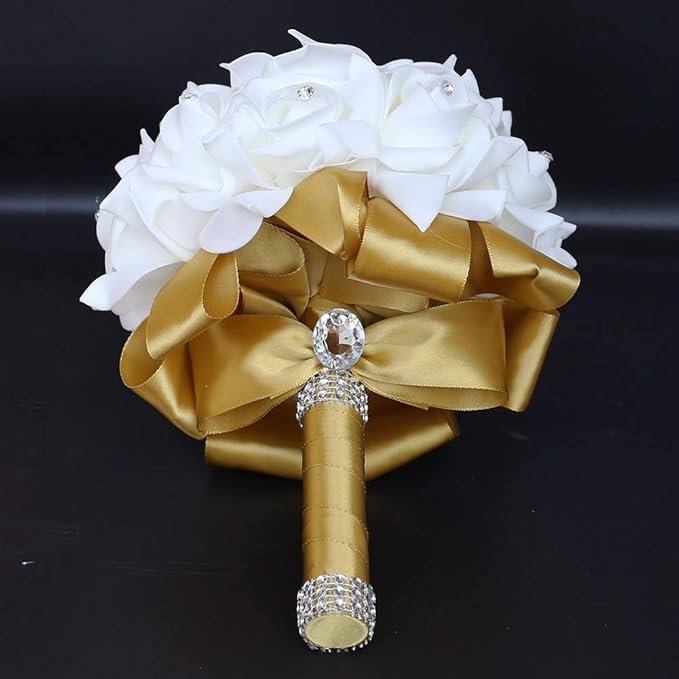Wedding Bouquet, Gold Bouquet for Bride Bridesmaid with Diamond Soft Ribbons, Artificial Rose Bridal Holding Flowers for Party Church