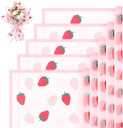 Liobelon 20 Sheets Flower Wrapping Paper Waterproof Bouquet Paper with Strawberry Pattern Pink Gift Wrapping Paper for Flower Shop, Wedding, Birthday Party, Handmade DIY, Anniversary 22.8 x 22.8Inch
