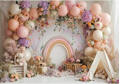 Newborn Baby 1st Birthday Photography Backdrop - Balloons Tent Flower Decor Background for Kids Birthday Party Baby Shower Portrait Cake Smash Props (6x4ft)
