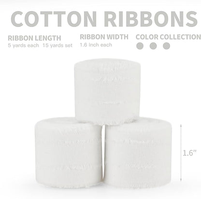 Keypan White Ribbon 1-1/2 x 15 Yards Handmade Cotton Frayed Fringe Fabric Ribbons for Crafts Flower Bouquets Wedding Baby Shower Home DIY Decor