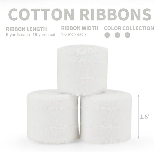 Keypan White Ribbon 1-1/2 x 15 Yards Handmade Cotton Frayed Fringe Fabric Ribbons for Crafts Flower Bouquets Wedding Baby Shower Home DIY Decor
