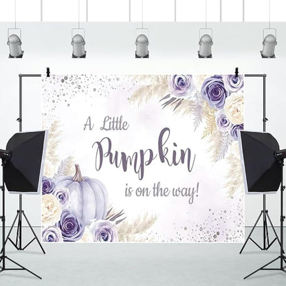 Little Pumpkin Baby Shower Backdrops 10x8ft, A Sweet Little Pumpkin is On The Way Purple Floral Photography Background, Baby Shower Baby Birthday Backdrop Decoration Banner