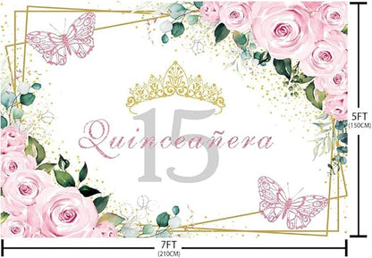 Sendy 7x5ft Quinceañera Backdrop Mis Quince 15 Anos Birthday Party Decorations Supplies for Girl Princess Pink Floral Butterfly Gold Crown Photography Background Banner Photo Booth Studio Props