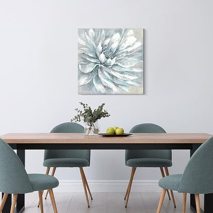 Large Floral Canvas Wall Art: Abstract Living Room Gallery Artwork Modern Elegant White Flower Painting Contemporary Silver Blue Peony Prints Gray Nature Botanical Picture