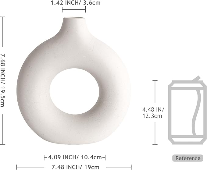 Cream White Ceramic Vase for Home Decor, Donut Vase for Pampas Grass, Dried Flowers, 7.6 Inch Minimalist Boho Flower Vases Decorative for Table, Shelf, Living Room, Dining Room, Farmhouse