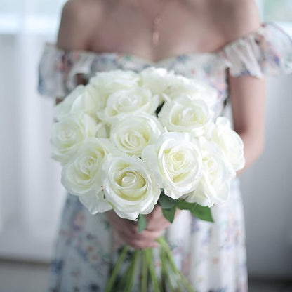 12PCS Artificial Silk Flowers Realistic Roses Bouquet Long Stem for Home Wedding Decoration Party (White -2)