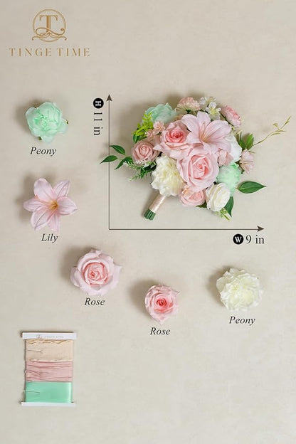 TINGE TIME Wedding Bouquets for Bride, 9 Inch Handcrafted Silk Bridal Flowers Bouquets for Wedding Ceremony, Gift for Bridesmaid, Bouquet for Party Church Decoration,and Romance Gifts (MintGreen&Pink)