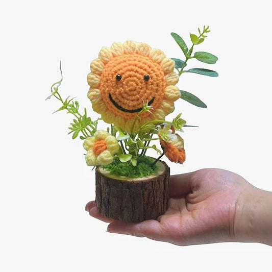 Handmade Crochet Sunflowers Flowers Bouquet Creative Knitted Potted Plant Cute Home Desktop Decorations and Gifts for Friends, Lovers, Classmates