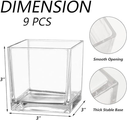 Square Flower Vases Set of 9, 3"x 3"x 3" Glass Vases for Centerpieces, Clear Vase for Flowers, Small Vase for Wedding, Party, Home Office Decoration