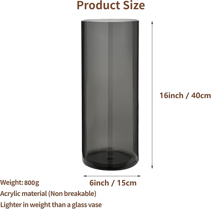 Flower Vase, Non-breakable Vases, 6" W x 16" H, Acrylic Grey Vase, Aesthetic Room Decor Cylindrical Modern Flower Vases for Table Centerpiece, Home Decor, Women Floral Arrangement Gift