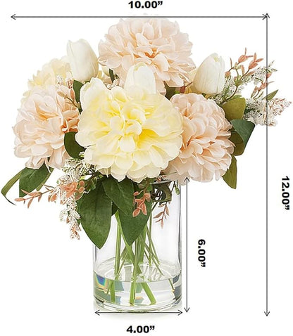 ENOVA FLORAL Artificial Tulips Flowers in Vase, Artificial Flowers Tulips Real Touch and Dahlia Silk Flower in Vase for Dining Table Decoration Wedding, Home Decor Indoor (Cream Pink)