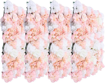 4Pcs Artificial Flower Wall Panel,3D 16" X 24" Silk Rose Mat Artificial Flower Wall,Rectangle Decorative Backdrop Flower Panels Wall for Bridal,Patio,Garden,Yard Decor (White,Pink)