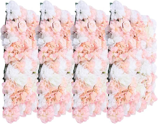 4Pcs Artificial Flower Wall Panel,3D 16" X 24" Silk Rose Mat Artificial Flower Wall,Rectangle Decorative Backdrop Flower Panels Wall for Bridal,Patio,Garden,Yard Decor (White,Pink)
