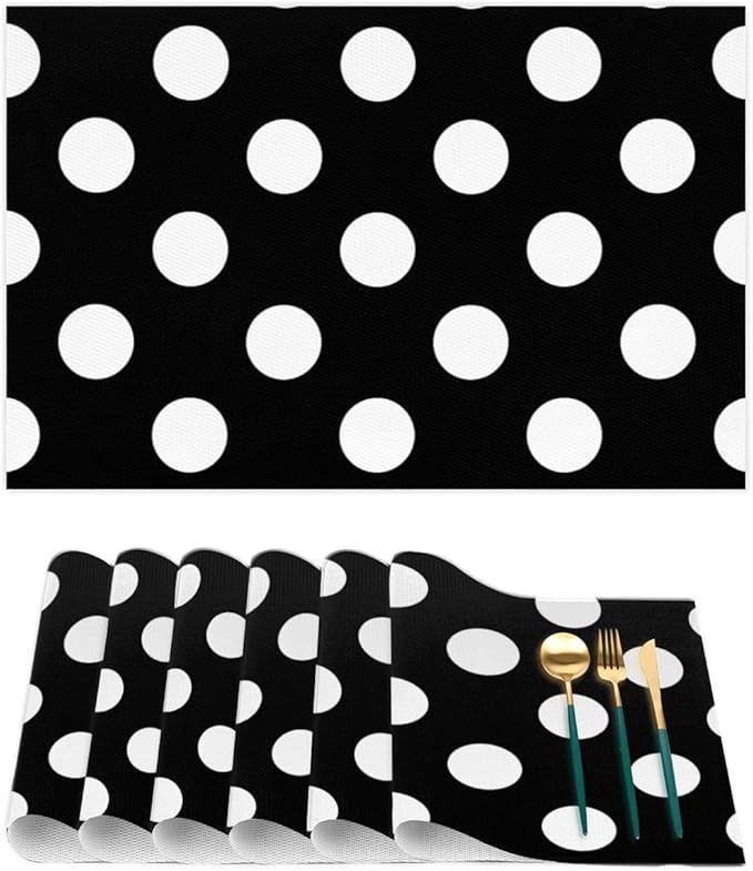 Black White Polka Dot Placemats Set of 6 PVC Vinyl Non Slip Table Mats Waterproof Heat Resistant Place Mats Washable Wipeable Dining Table Mat for Kitchen Party Farmhouse Indoor Outdoor Decorative