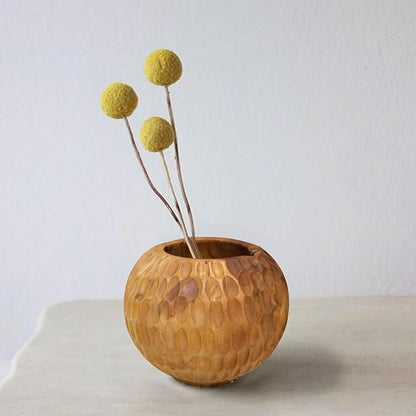 Teak Wooden Handcrafted Pot 9.5" x 9.5" x 7.1"H Natural Wood Round Vase Handmade Rustic Flower Holder for Entry Table Brown Stain Vintage Artworks Planter Living Room Home Christmas Décor