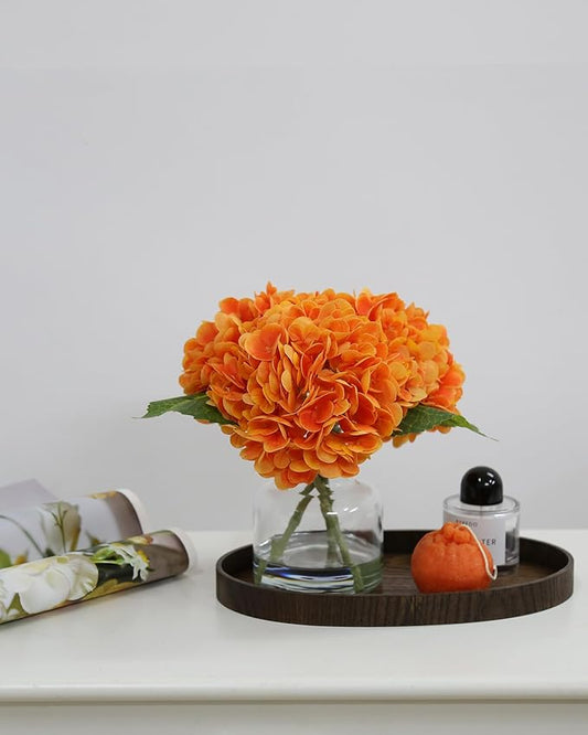 Lifelike Artificial Hydrangea Arrangement in Decorative Vase - Real Touch Fake Flowers for Home, Office, Bathroom or Water Bar Decor, Elegant Table Centerpiece (No Water Needed) (Orange)