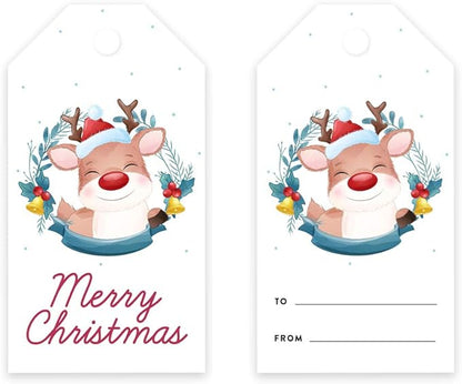 Andaz Press Christmas Holiday Season Classic Gift Tags, Merry Christmas to from Classic Favor Tags, Happy Reindeer with Santa Hat Design, for Holiday Events, Parties, and Favors, 60-Pack
