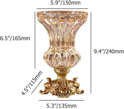 Artificial Flowers in Vase Set – Retro European Style Golden Crystal Glass Vase with Orange Faux Flowers, Carved Decorative Centerpiece for Table, Entryway, or Living Room