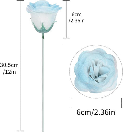 30PCS Light Blue Artificial Roses Fake Glitter Flowers Silk Roses with Stems for Wedding Bouquet Party Christmas Home Decor(Gradient Sky Blue)