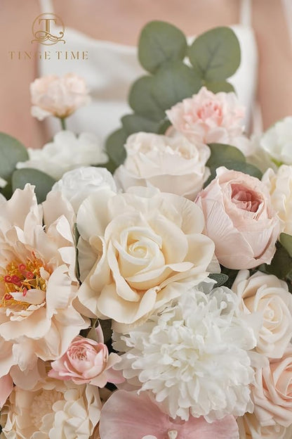 TINGE TIME 17 Inch Artificial Bridal Bouquet Realistic Silk Wedding Bouquet, Durable Fake Flowers for Brides, Bridesmaids, Home Decor, and Events (Champange&Pink)