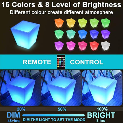 16-In Square LED Planter Pot Outdoor, Large Rechargeable Lighted Flower Pot w/Remote, Dimmable RGB Color Changing Light Up Plant Pots, Modern Waterproof Illuminated Planter for Home Balcony Porch Yard