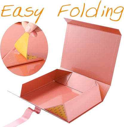 GREEN BEAN Large Gift Box with Lid for Presents 13x9.7x3.4 Inches, Gift Box Rose Gold Magnetic with Ribbon, Bridesmaid Proposal Box Luxury (Glossy Rose Gold)