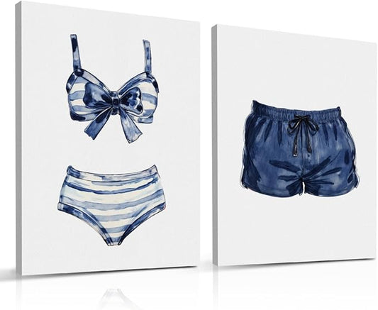 Blue White Painted Swimsuits Lake House Beach House Wall Decor Canvas Wall Art Framed Prints Artwork Posters Painting Picture for Home Bar Cart Laundry Room Girls Room Bedroom 14.5X11.5 Inch
