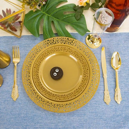 DaYammi 210Pcs Solid Gold Disposable Plates with Silverware and Cups,Christmas Plastic Plates for Party Include: 30 Dinner Plate,30 Dessert Plate,30 Rolled Napkins with Cutlery,30 Cups for Wedding