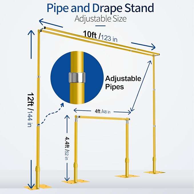 12x10ft Pipe and Drape Backdrop Stand, Double Crossbar, Heavy Duty Adjustable Background Frame with Metal Base for Parties Photography Wedding Photoshoot Decoration - Gold