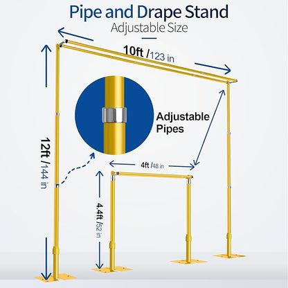 12x10ft Pipe and Drape Backdrop Stand, Double Crossbar, Heavy Duty Adjustable Background Frame with Metal Base for Parties Photography Wedding Photoshoot Decoration - Gold