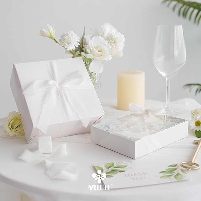 MEEDEE White Chiffon Ribbon 1 Inch White Fringe Ribbons Chiffon Silk Frayed Edge Ribbon Thin Chiffon Ribbons for Crafts, Gift Wrapping, Wedding Invitation (3 Rolls 21 Yards)