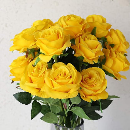 Nubry Artificial Silk Rose Flower Bouquet Lifelike Fake Rose for Wedding Home Party Decoration Event Gift 10pcs (Yellow)