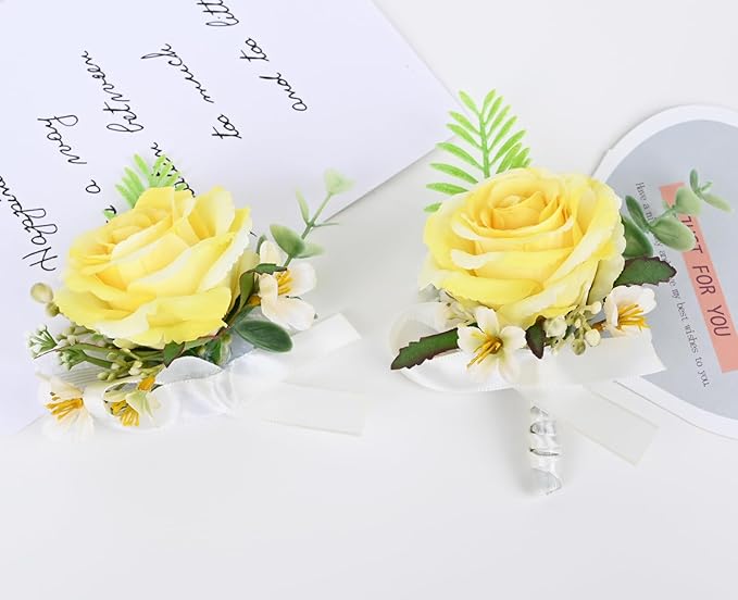 MAFELOE 2 Pieces Artificial Flower Wrist Corsage and Boutonniere Set, Groom Groomsmen Bride Bridesmaids Wedding Accessories Prom Party Suit Decorations - Yellow