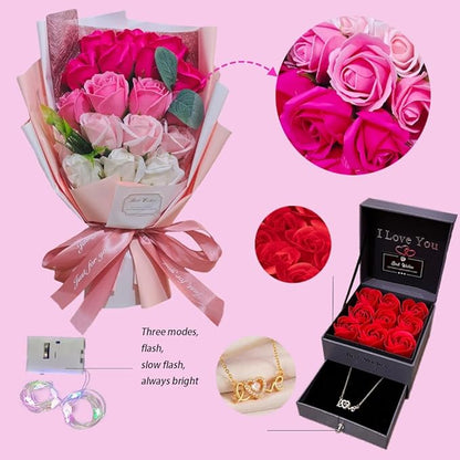 EIGHTOWN Roses Bouquet Artificial Flower - Preserved Red Flowers with Love Necklace for Her - Unique Gifts Valentine's Day, Mother's Day, Thanksgiving, Birthday, Anniversary… (Hotpink)